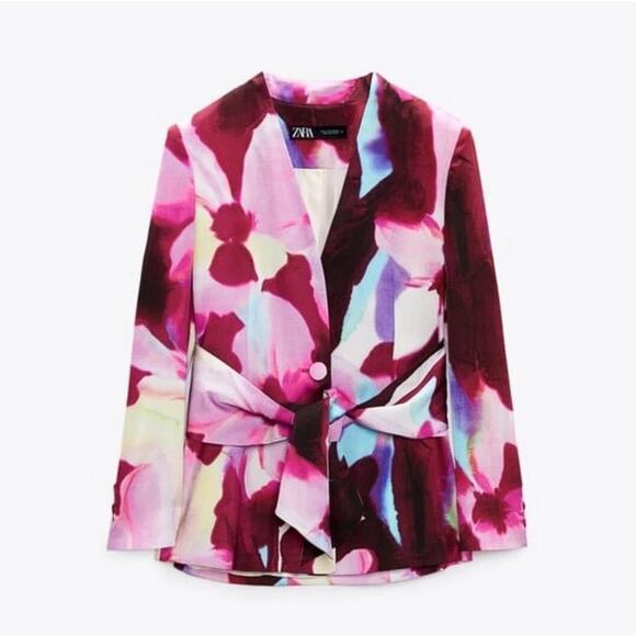 ZARA Women's Lapelles Tied Belt Jacket Printed Satin Blazer Size L - Picture 2 of 11